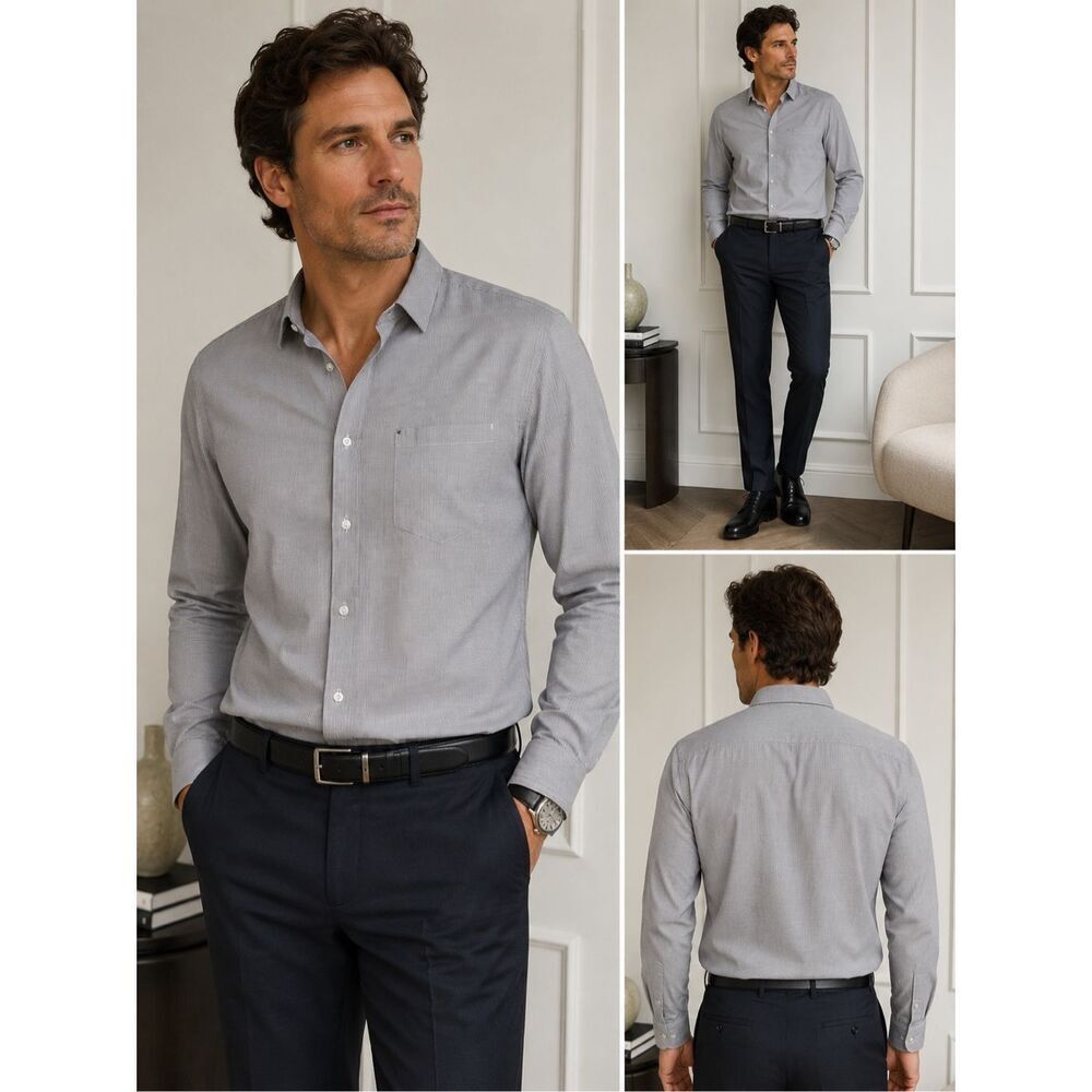 KR3W Denim Company Men’s Gray Pinstripe Button Up Shirt Size L Cotton Blend